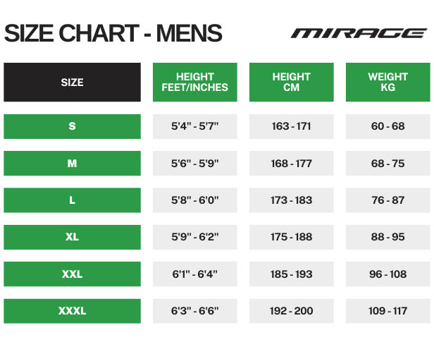 Mirage Mens Wetsuit Sizing